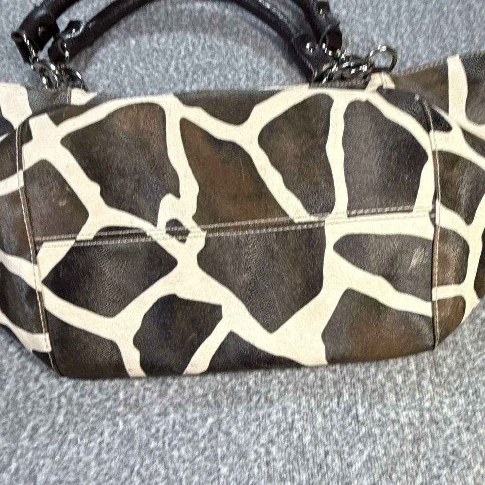 Brown/Cream Animal Print Satchel Top Handle Studded Silver Pockets